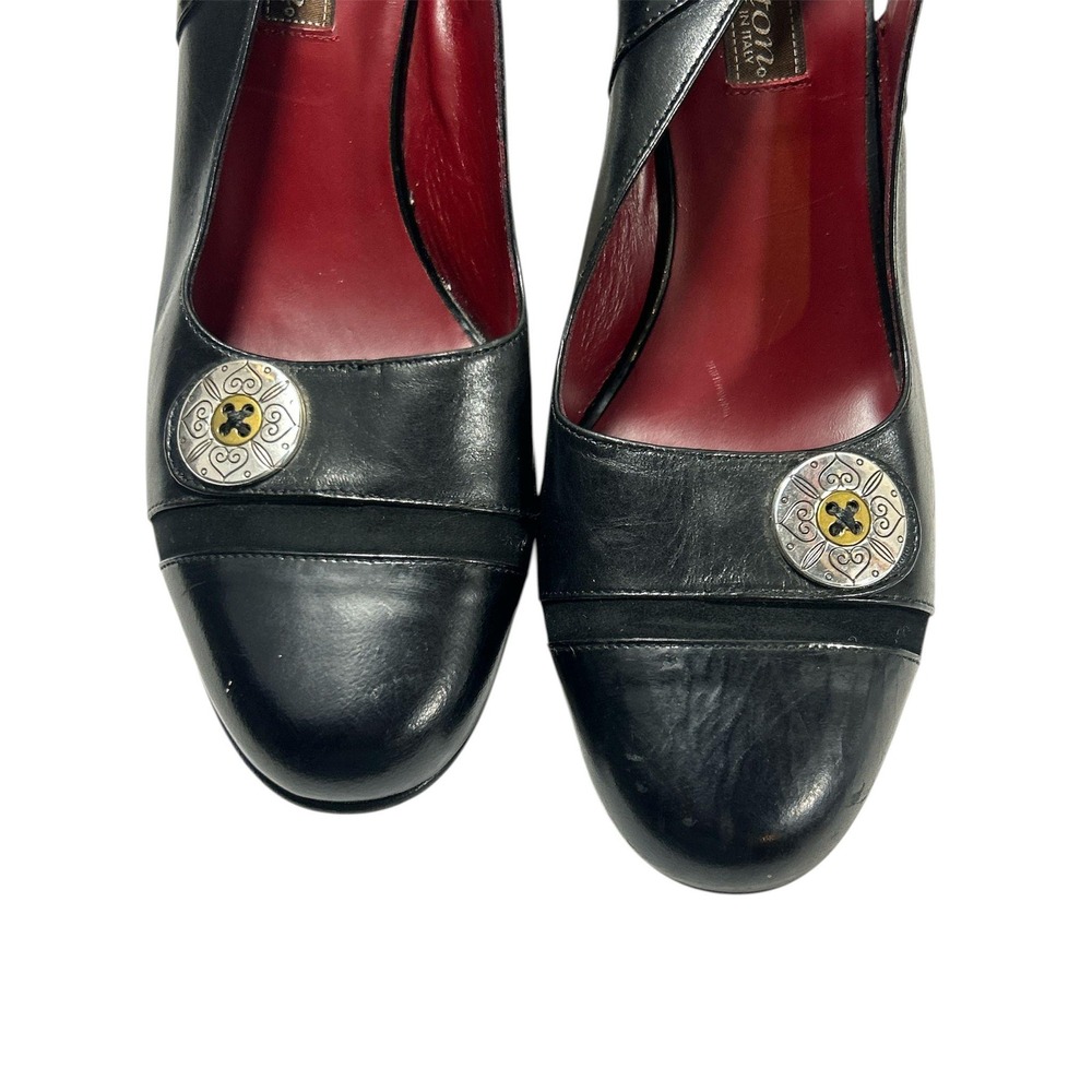 Brighton Bree Black Leather Slingback Heels Made in Italy Silver Hardware 8.5M - Picture 3 of 14